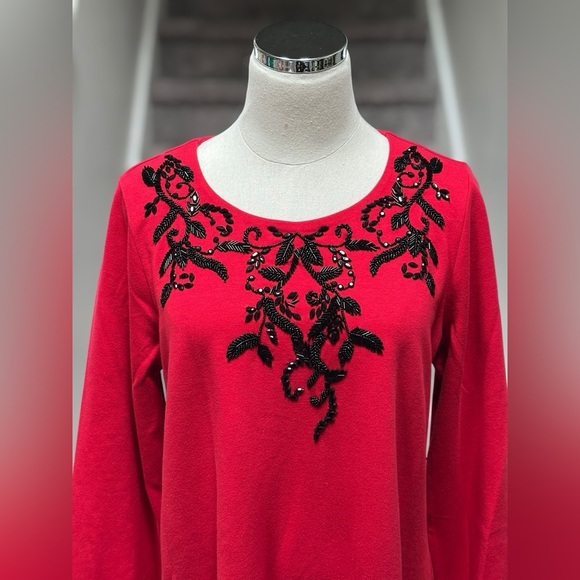 NEW Chico’s Beaded Embellished Scoop Neck Red Shift Dress Women’s 1/M/8 Holiday - Picture 2 of 10